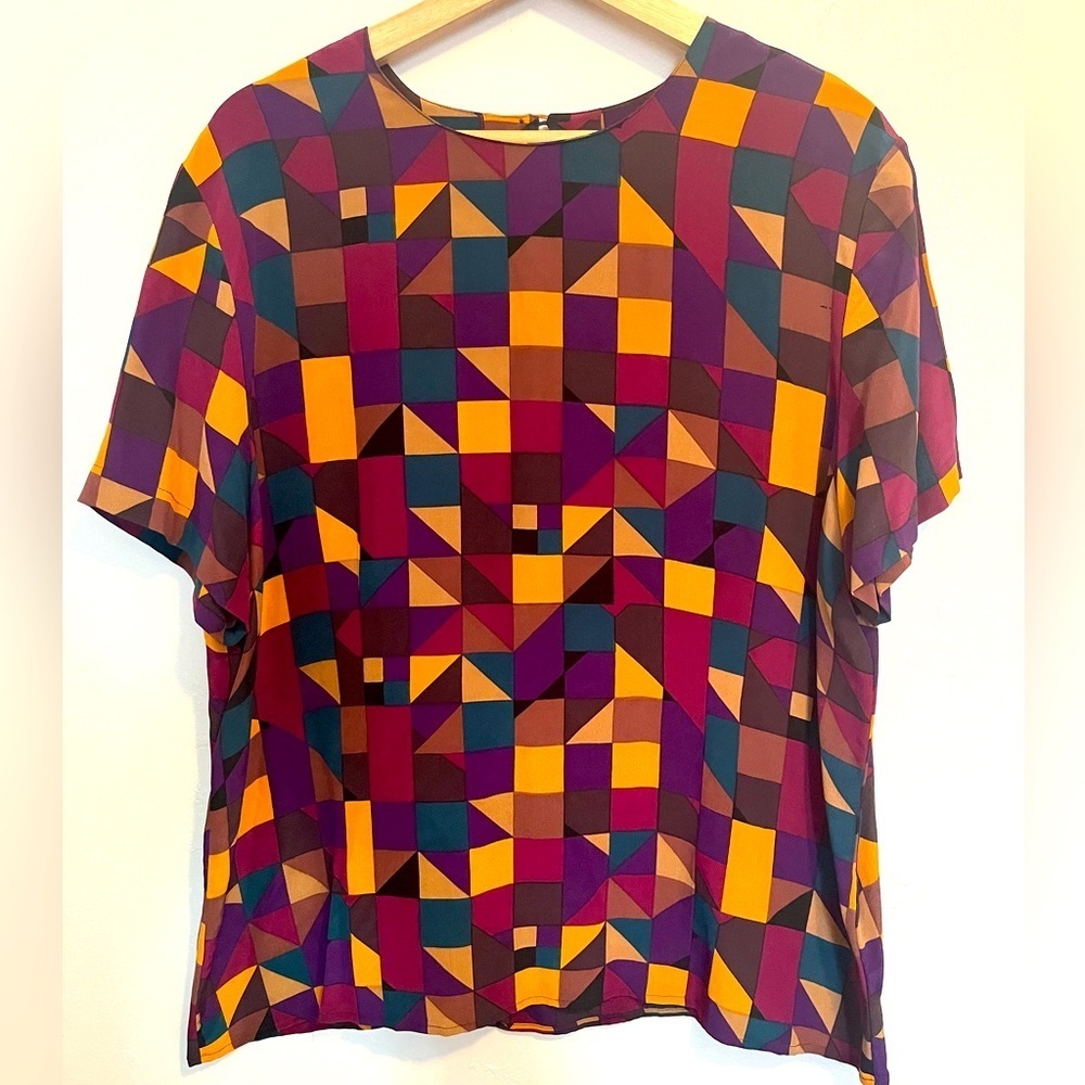 Christie & Jill Colorful Warm Toned Geometric Patterned 100% Silk Blouse Size XL